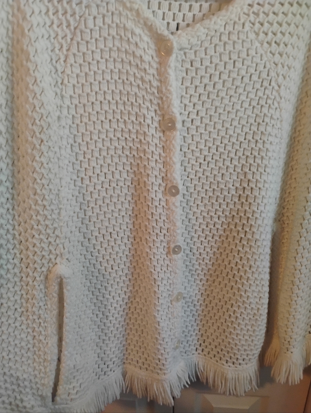 Lane Bryant Cream Open-Weave Fringe Button Cardigan - Picture 4 of 9